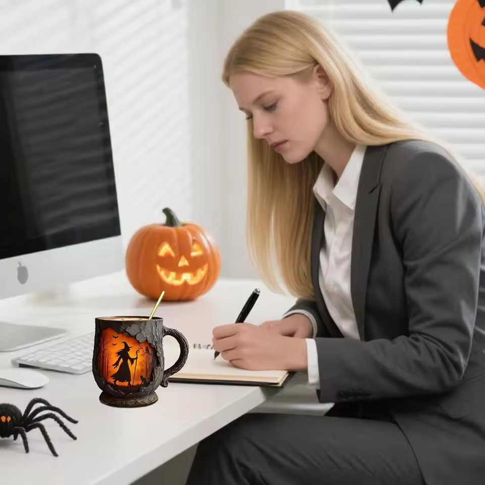 Artisan 3D Halloween Mug – Featuring Witch and Cat Design